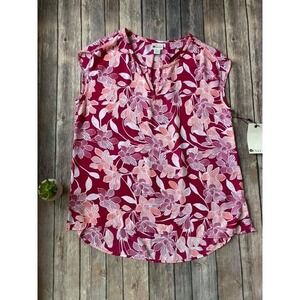 New Stylus Tank Top S 4 6 Tropical Floral Pink Print White Spring Chiffon V Neck